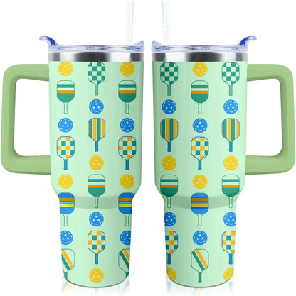 Pickleball Mug 40 oz Tumbler with Handle Straw Lid Leak Proof | Pickleball Water Bottle Coffee Mug Insulated for Hot Cold Ice Christmas Birthday Gifts for Women Men Cup