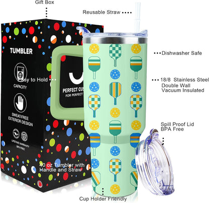 Pickleball Mug 40 oz Tumbler with Handle Straw Lid Leak Proof | Pickleball Water Bottle Coffee Mug Insulated for Hot Cold Ice Christmas Birthday Gifts for Women Men Cup