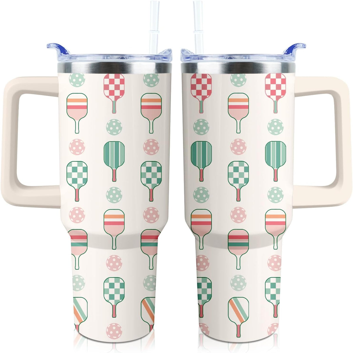 Pickleball Mug 40 oz Tumbler with Handle Straw Lid Leak Proof | Pickleball Water Bottle Coffee Mug Insulated for Hot Cold Ice Christmas Birthday Gifts for Women Men Cup