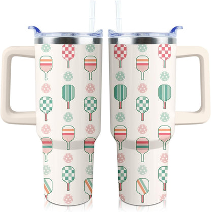 Pickleball Mug 40 oz Tumbler with Handle Straw Lid Leak Proof | Pickleball Water Bottle Coffee Mug Insulated for Hot Cold Ice Christmas Birthday Gifts for Women Men Cup