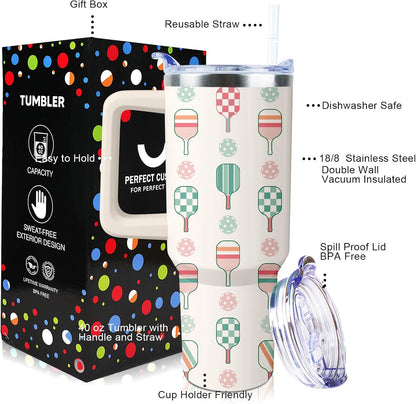 Pickleball Mug 40 oz Tumbler with Handle Straw Lid Leak Proof | Pickleball Water Bottle Coffee Mug Insulated for Hot Cold Ice Christmas Birthday Gifts for Women Men Cup
