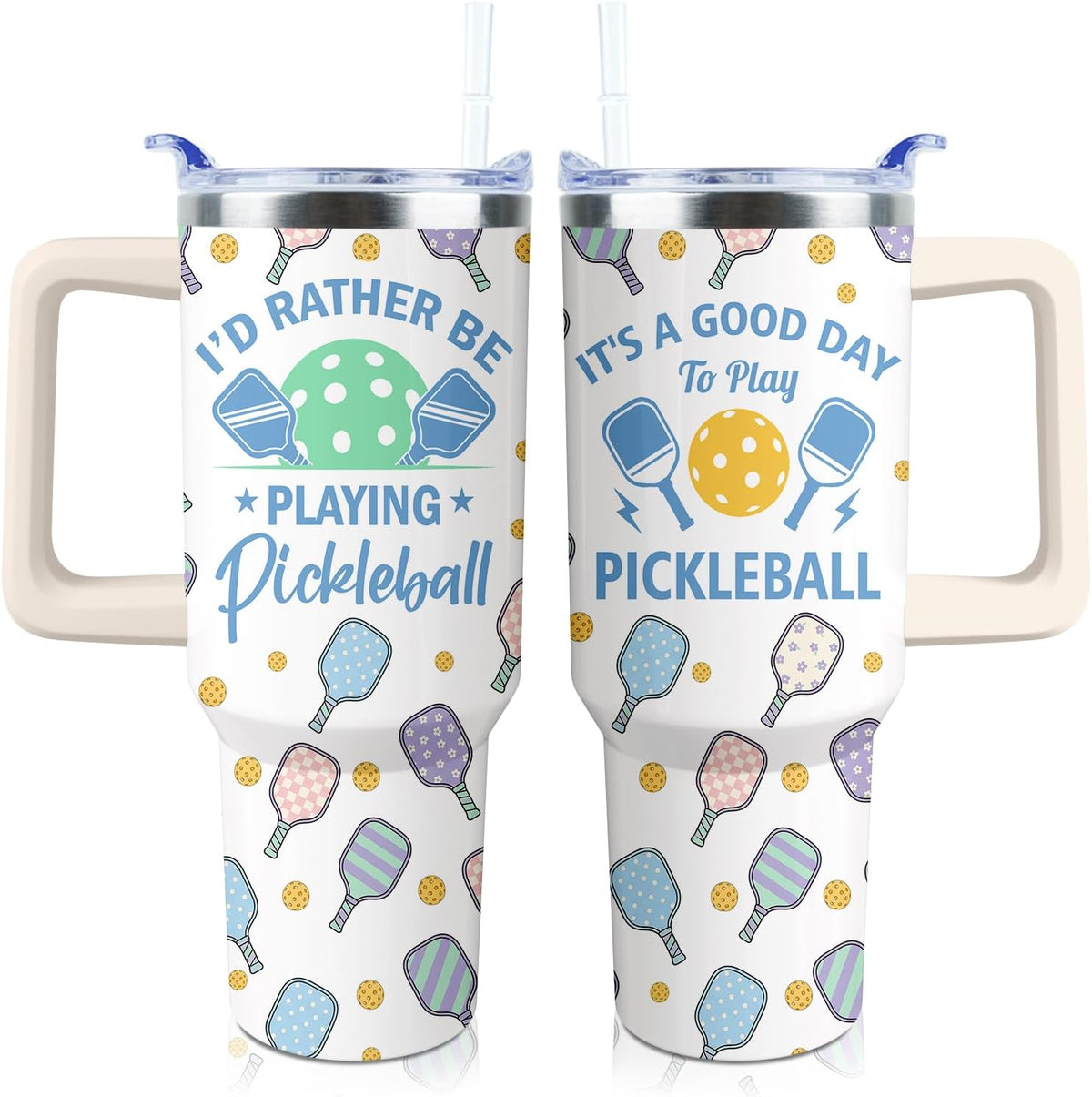 Pickleball Mug 40 oz Tumbler with Handle Straw Lid Leak Proof | Pickleball Water Bottle Coffee Mug Insulated for Hot Cold Ice Christmas Birthday Gifts for Women Men Cup