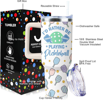 Pickleball Mug 40 oz Tumbler with Handle Straw Lid Leak Proof | Pickleball Water Bottle Coffee Mug Insulated for Hot Cold Ice Christmas Birthday Gifts for Women Men Cup