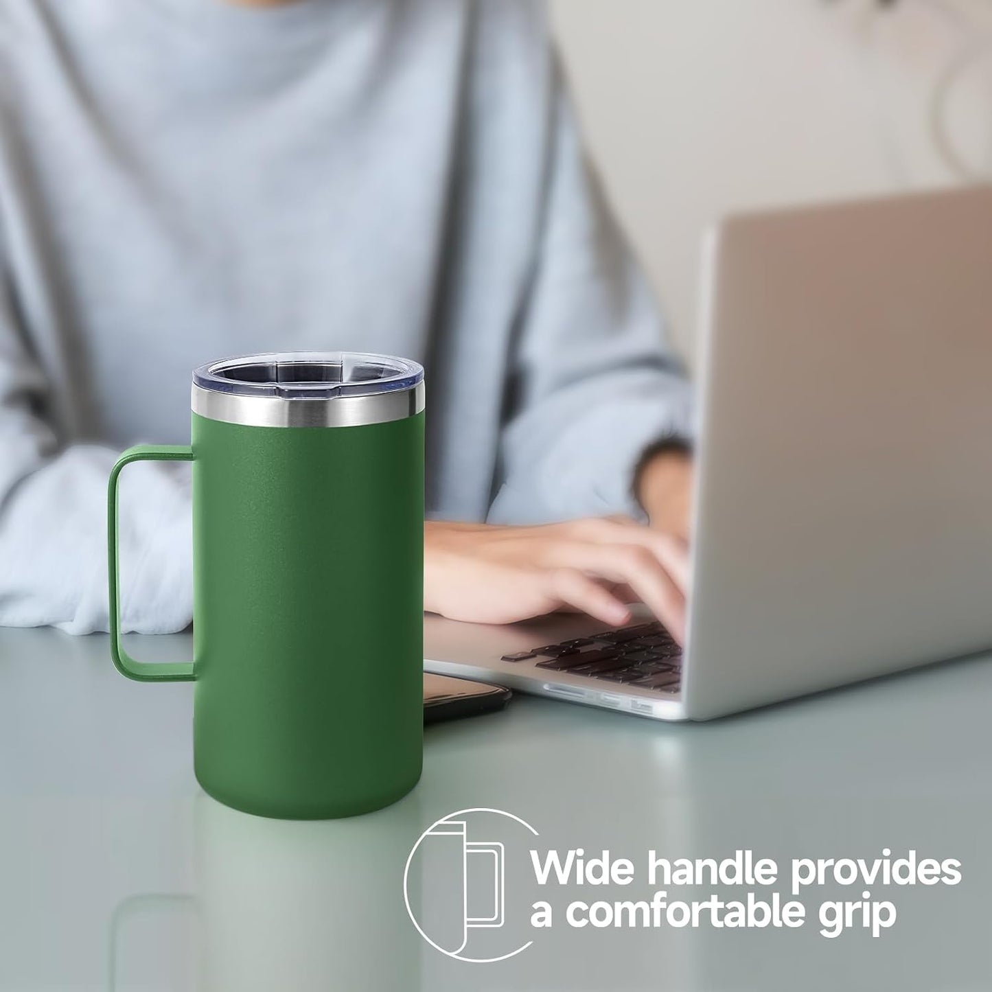 Volhoply 22oz Insulated Stainless Steel Coffee Mug with Leakproof Lid,Double Wall Vacuum Travel Coffee Cup with Handle,Reusable Metal Tumbler,Camping Mugs Keep Hot&Cold(Navy,1)