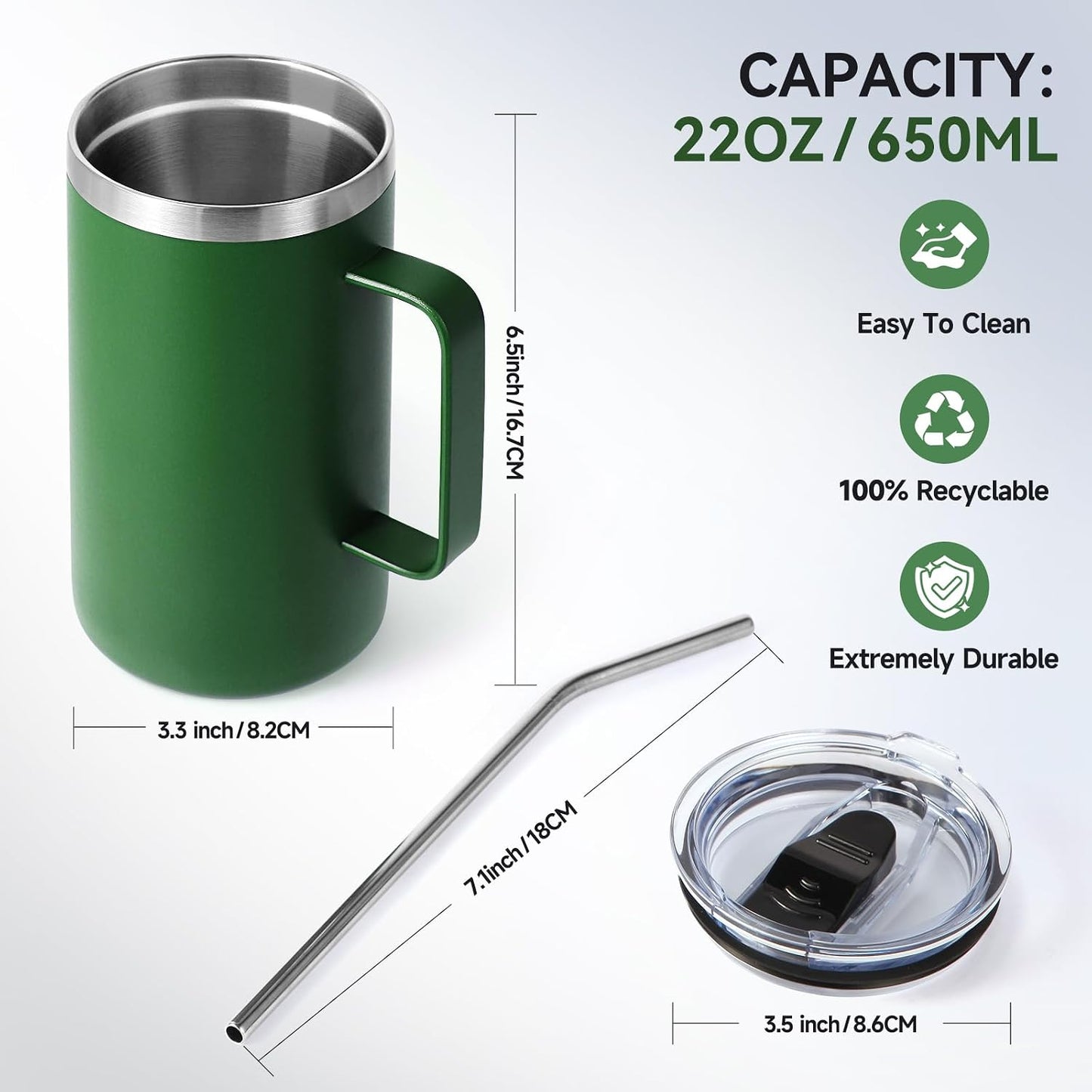 Volhoply 22oz Insulated Stainless Steel Coffee Mug with Leakproof Lid,Double Wall Vacuum Travel Coffee Cup with Handle,Reusable Metal Tumbler,Camping Mugs Keep Hot&Cold(Navy,1)