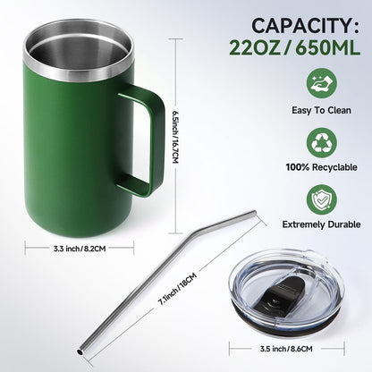 Volhoply 22oz Insulated Stainless Steel Coffee Mug with Leakproof Lid,Double Wall Vacuum Travel Coffee Cup with Handle,Reusable Metal Tumbler,Camping Mugs Keep Hot&Cold(Navy,1)