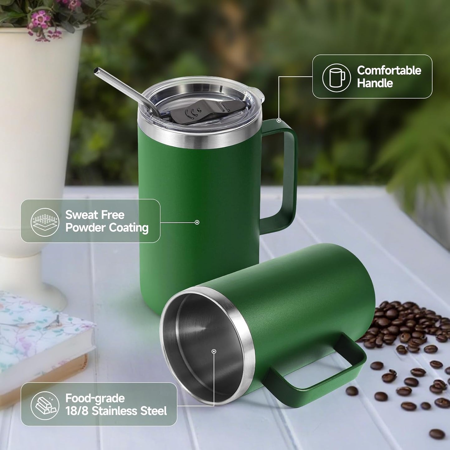 Volhoply 22oz Insulated Stainless Steel Coffee Mug with Leakproof Lid,Double Wall Vacuum Travel Coffee Cup with Handle,Reusable Metal Tumbler,Camping Mugs Keep Hot&Cold(Navy,1)