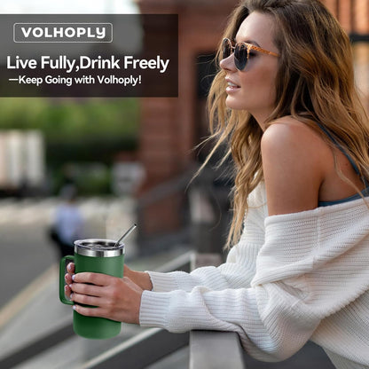 Volhoply 22oz Insulated Stainless Steel Coffee Mug with Leakproof Lid,Double Wall Vacuum Travel Coffee Cup with Handle,Reusable Metal Tumbler,Camping Mugs Keep Hot&Cold(Navy,1)