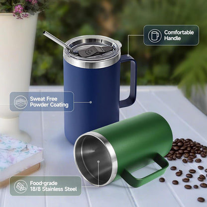 Volhoply 22oz Insulated Stainless Steel Coffee Mug with Leakproof Lid,Double Wall Vacuum Travel Coffee Cup with Handle,Reusable Metal Tumbler,Camping Mugs Keep Hot&Cold(Navy,1)