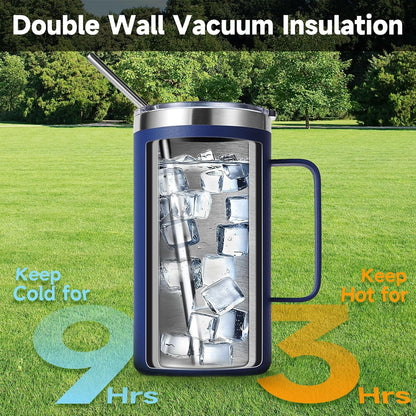 Volhoply 22oz Insulated Stainless Steel Coffee Mug with Leakproof Lid,Double Wall Vacuum Travel Coffee Cup with Handle,Reusable Metal Tumbler,Camping Mugs Keep Hot&Cold(Navy,1)