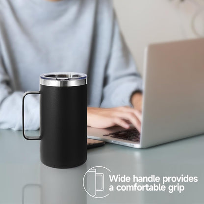 Volhoply 22oz Insulated Stainless Steel Coffee Mug with Leakproof Lid,Double Wall Vacuum Travel Coffee Cup with Handle,Reusable Metal Tumbler,Camping Mugs Keep Hot&Cold(Navy,1)