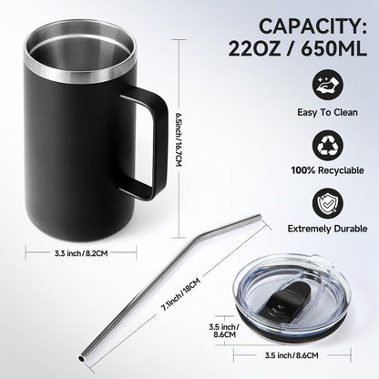 Volhoply 22oz Insulated Stainless Steel Coffee Mug with Leakproof Lid,Double Wall Vacuum Travel Coffee Cup with Handle,Reusable Metal Tumbler,Camping Mugs Keep Hot&Cold(Navy,1)