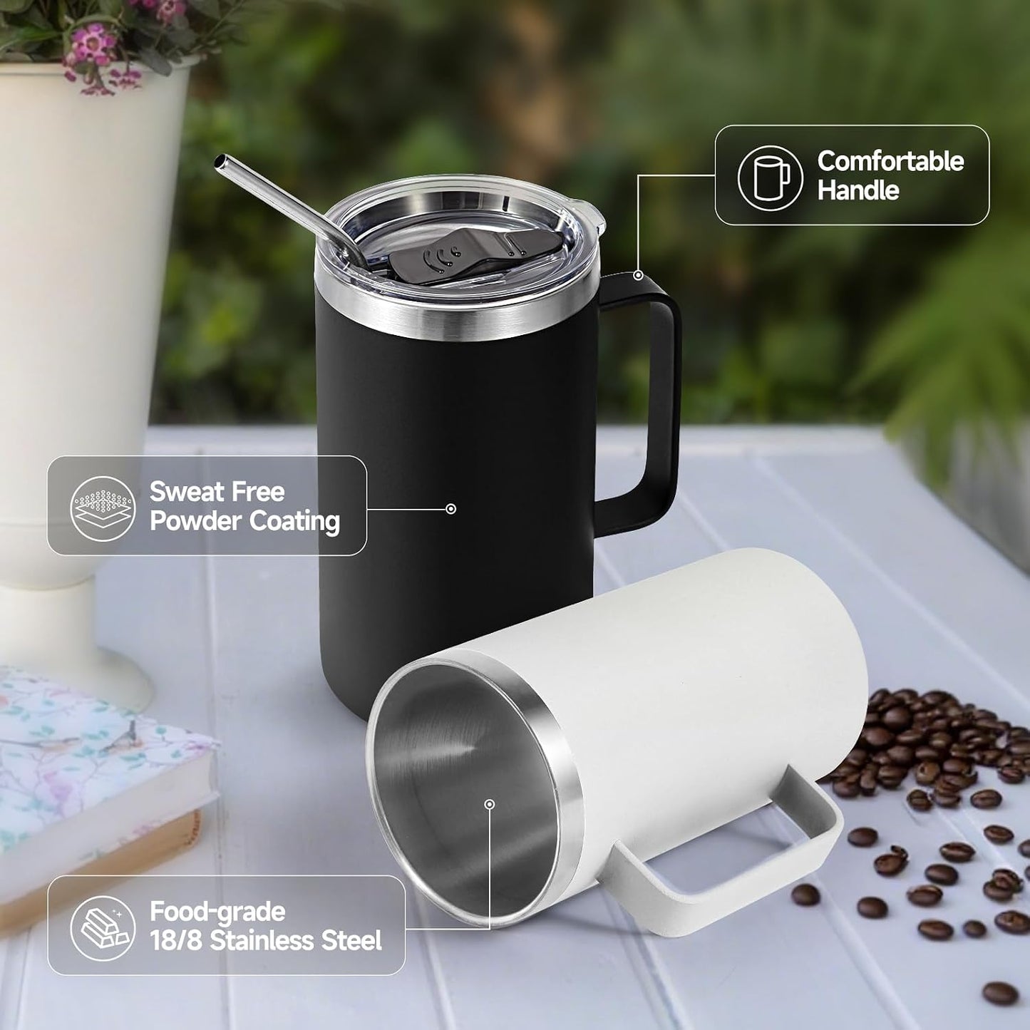 Volhoply 22oz Insulated Stainless Steel Coffee Mug with Leakproof Lid,Double Wall Vacuum Travel Coffee Cup with Handle,Reusable Metal Tumbler,Camping Mugs Keep Hot&Cold(Navy,1)