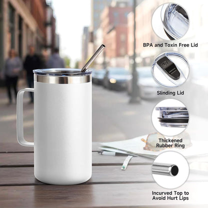 Volhoply 22oz Insulated Stainless Steel Coffee Mug with Leakproof Lid,Double Wall Vacuum Travel Coffee Cup with Handle,Reusable Metal Tumbler,Camping Mugs Keep Hot&Cold(Navy,1)