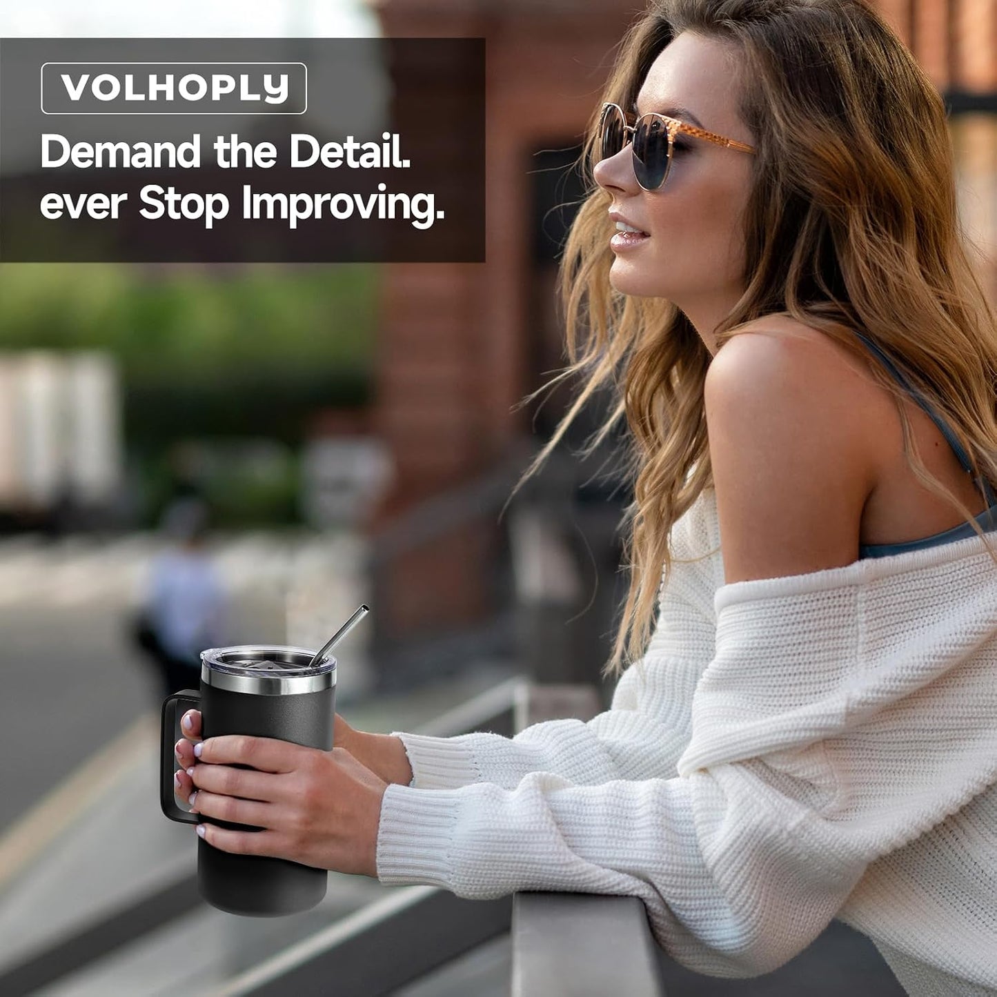 Volhoply 22oz Insulated Stainless Steel Coffee Mug with Leakproof Lid,Double Wall Vacuum Travel Coffee Cup with Handle,Reusable Metal Tumbler,Camping Mugs Keep Hot&Cold(Navy,1)