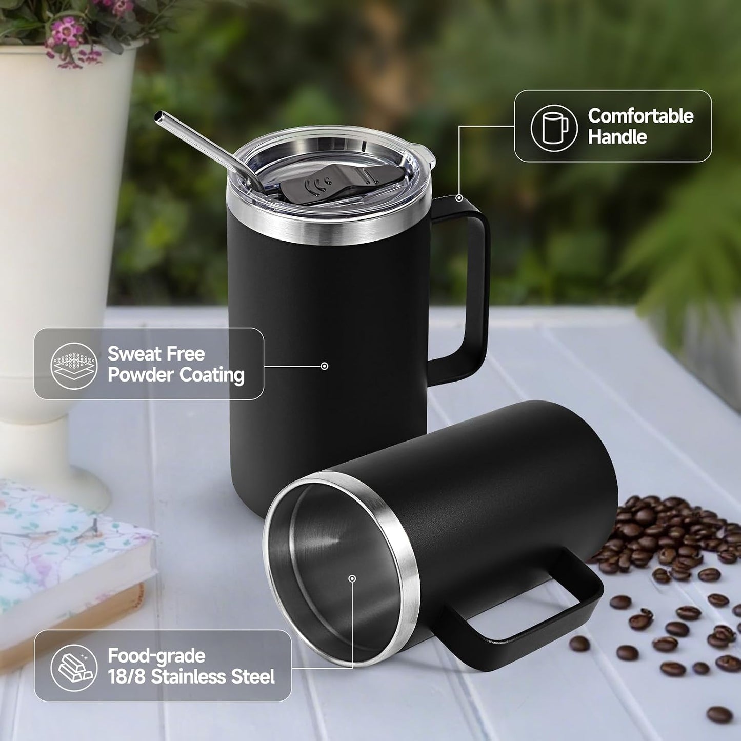 Volhoply 22oz Insulated Stainless Steel Coffee Mug with Leakproof Lid,Double Wall Vacuum Travel Coffee Cup with Handle,Reusable Metal Tumbler,Camping Mugs Keep Hot&Cold(Navy,1)