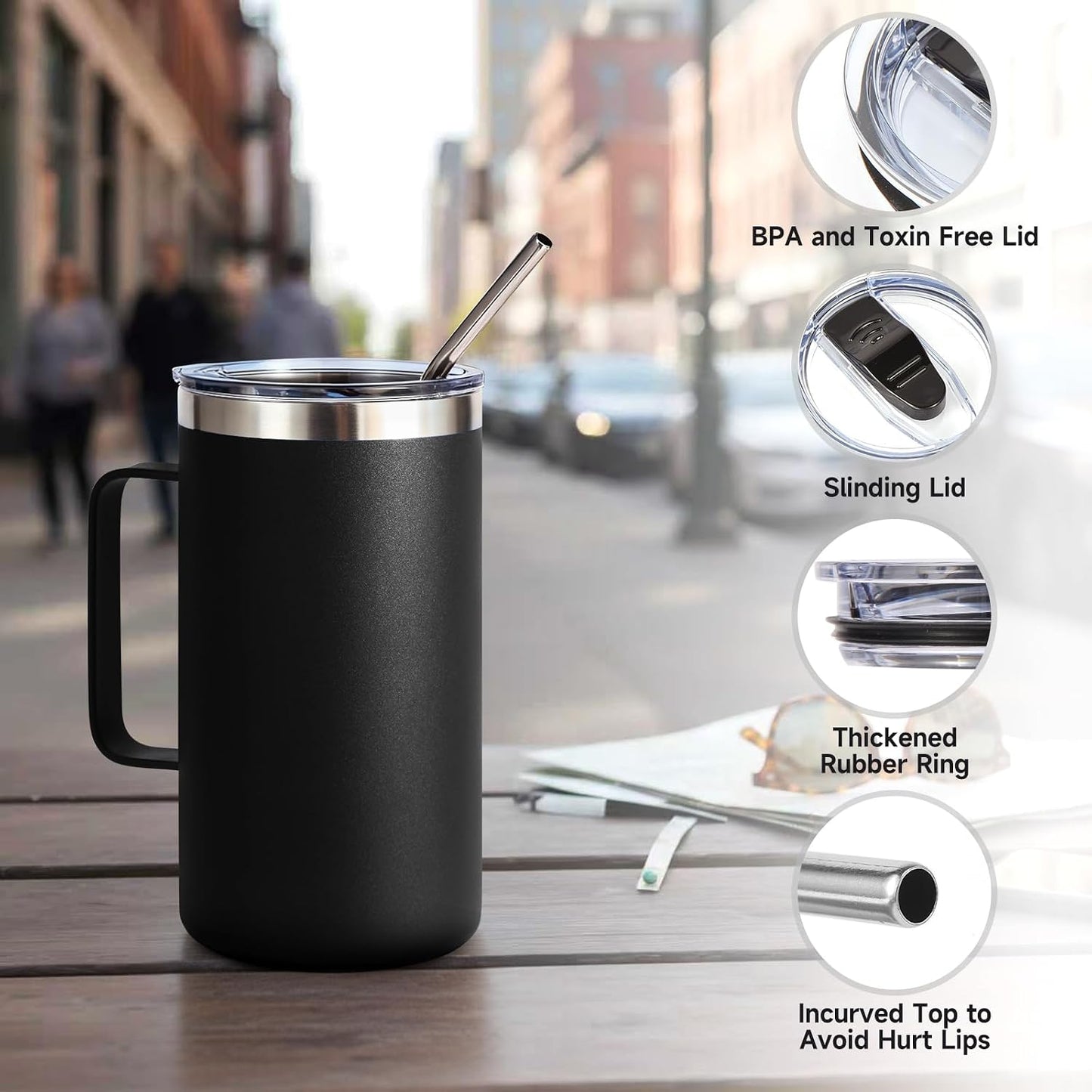 Volhoply 22oz Insulated Stainless Steel Coffee Mug with Leakproof Lid,Double Wall Vacuum Travel Coffee Cup with Handle,Reusable Metal Tumbler,Camping Mugs Keep Hot&Cold(Navy,1)