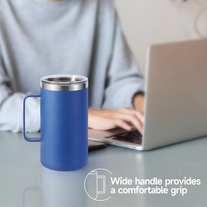 Volhoply 22oz Insulated Stainless Steel Coffee Mug with Leakproof Lid,Double Wall Vacuum Travel Coffee Cup with Handle,Reusable Metal Tumbler,Camping Mugs Keep Hot&Cold(Navy,1)
