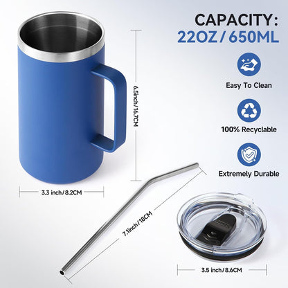 Volhoply 22oz Insulated Stainless Steel Coffee Mug with Leakproof Lid,Double Wall Vacuum Travel Coffee Cup with Handle,Reusable Metal Tumbler,Camping Mugs Keep Hot&Cold(Navy,1)