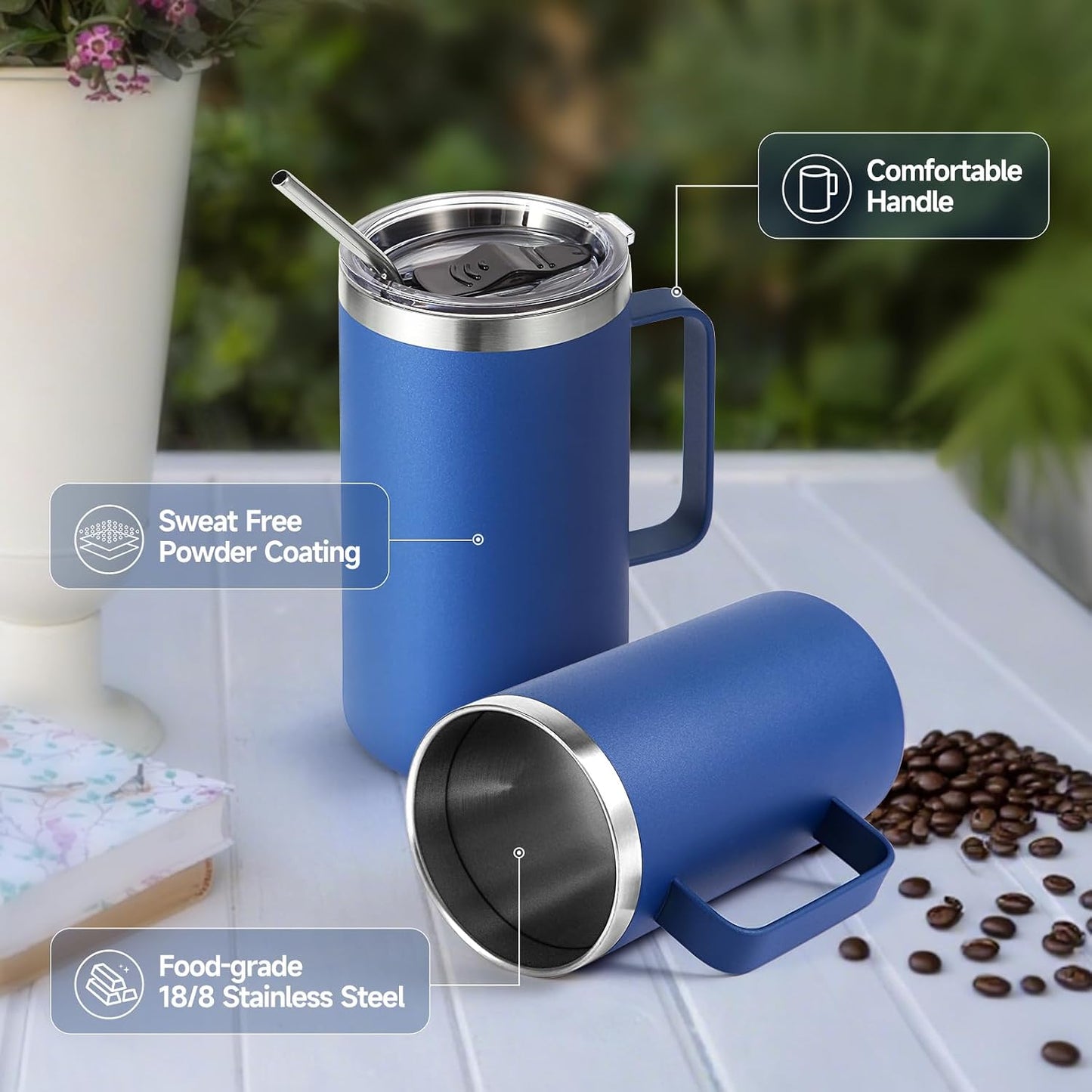 Volhoply 22oz Insulated Stainless Steel Coffee Mug with Leakproof Lid,Double Wall Vacuum Travel Coffee Cup with Handle,Reusable Metal Tumbler,Camping Mugs Keep Hot&Cold(Navy,1)