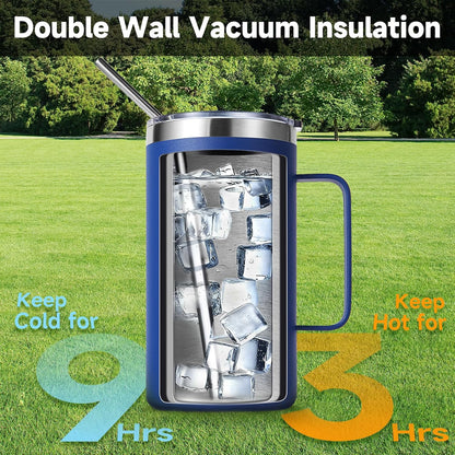 Volhoply 22oz Insulated Stainless Steel Coffee Mug with Leakproof Lid,Double Wall Vacuum Travel Coffee Cup with Handle,Reusable Metal Tumbler,Camping Mugs Keep Hot&Cold(Navy,1)