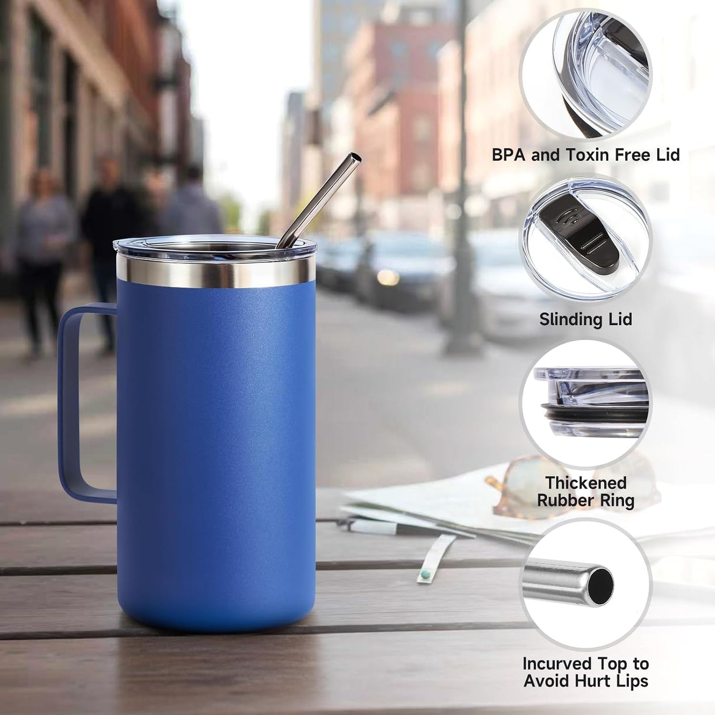 Volhoply 22oz Insulated Stainless Steel Coffee Mug with Leakproof Lid,Double Wall Vacuum Travel Coffee Cup with Handle,Reusable Metal Tumbler,Camping Mugs Keep Hot&Cold(Navy,1)