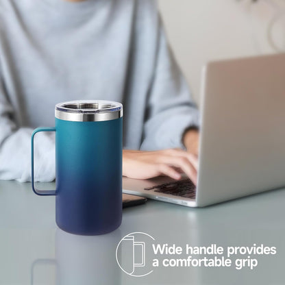 Volhoply 22oz Insulated Stainless Steel Coffee Mug with Leakproof Lid,Double Wall Vacuum Travel Coffee Cup with Handle,Reusable Metal Tumbler,Camping Mugs Keep Hot&Cold(Navy,1)