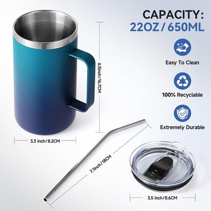 Volhoply 22oz Insulated Stainless Steel Coffee Mug with Leakproof Lid,Double Wall Vacuum Travel Coffee Cup with Handle,Reusable Metal Tumbler,Camping Mugs Keep Hot&Cold(Navy,1)