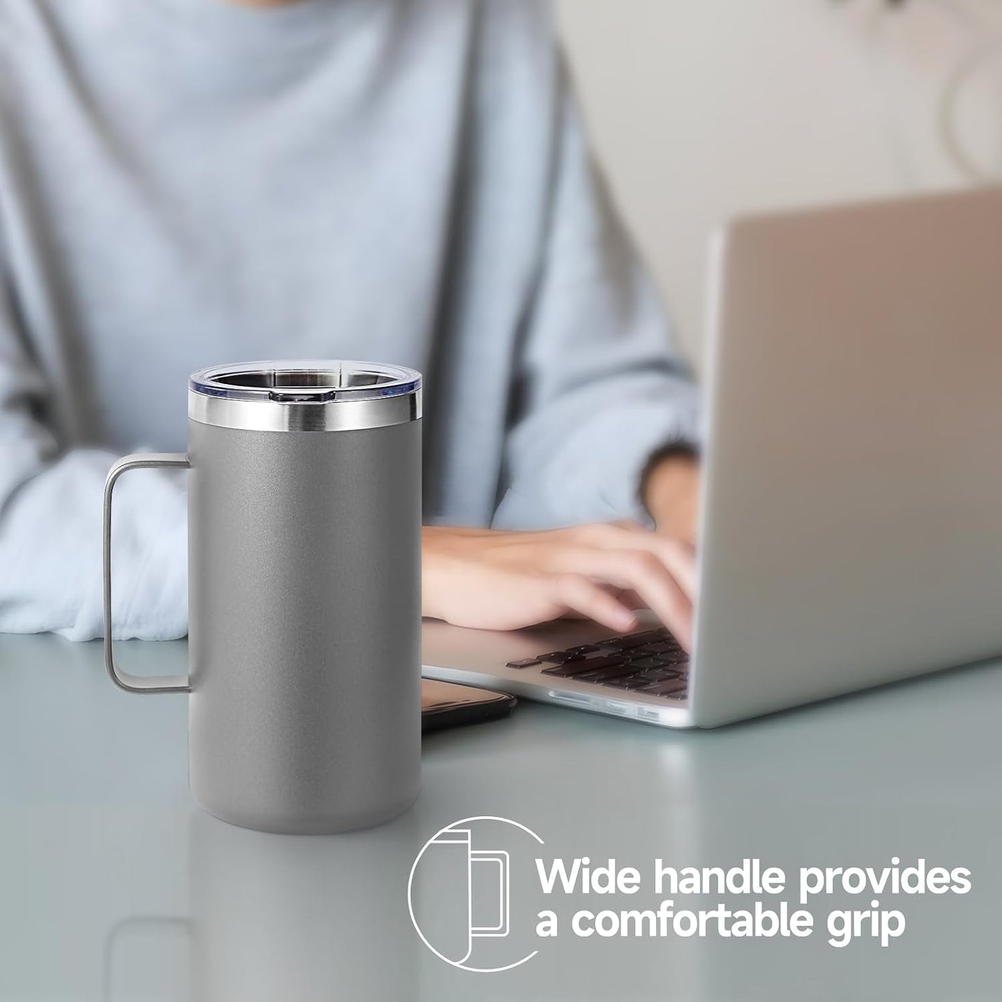 Volhoply 22oz Insulated Stainless Steel Coffee Mug with Leakproof Lid,Double Wall Vacuum Travel Coffee Cup with Handle,Reusable Metal Tumbler,Camping Mugs Keep Hot&Cold(Navy,1)