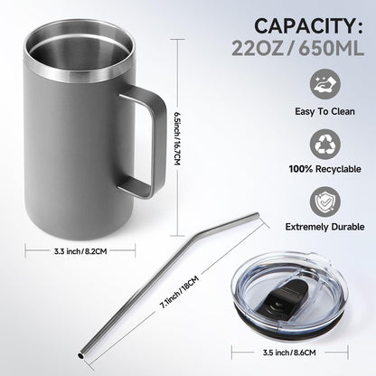 Volhoply 22oz Insulated Stainless Steel Coffee Mug with Leakproof Lid,Double Wall Vacuum Travel Coffee Cup with Handle,Reusable Metal Tumbler,Camping Mugs Keep Hot&Cold(Navy,1)