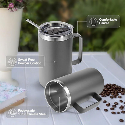Volhoply 22oz Insulated Stainless Steel Coffee Mug with Leakproof Lid,Double Wall Vacuum Travel Coffee Cup with Handle,Reusable Metal Tumbler,Camping Mugs Keep Hot&Cold(Navy,1)