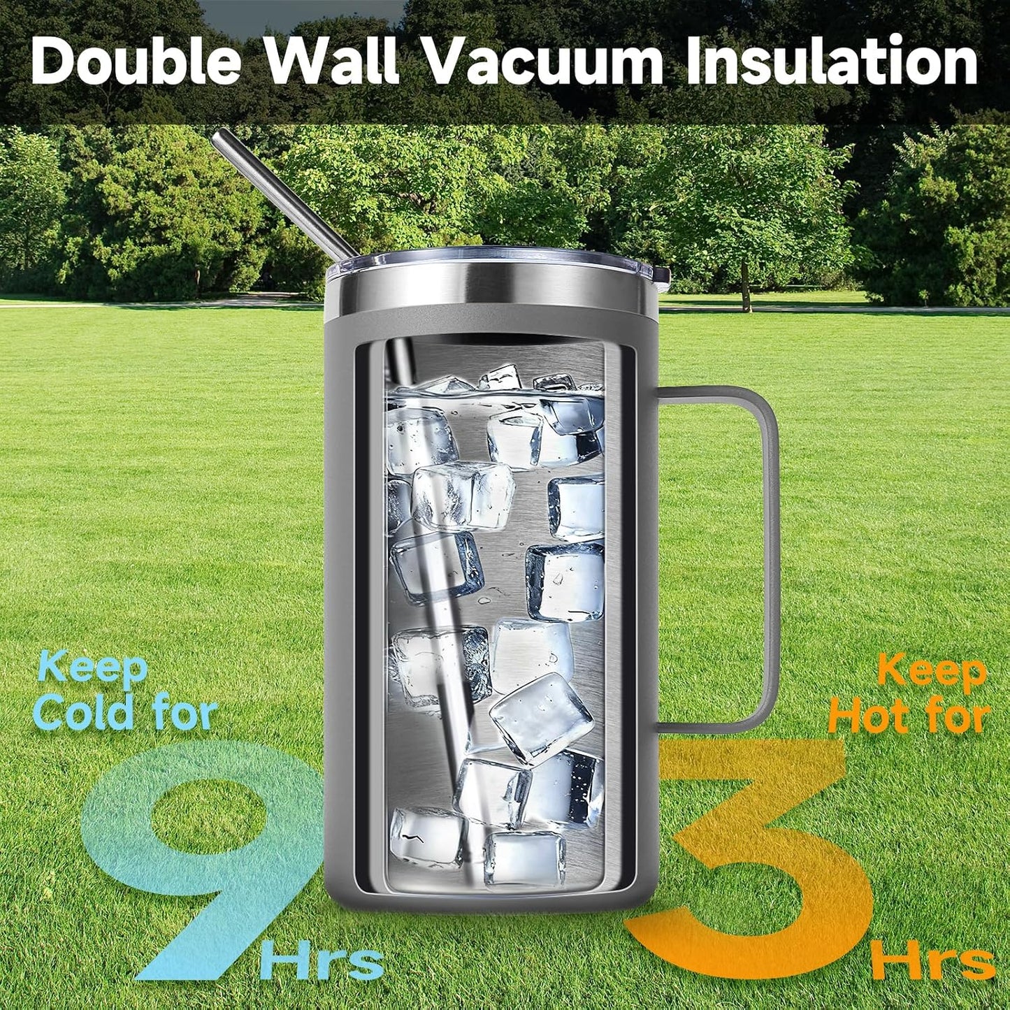 Volhoply 22oz Insulated Stainless Steel Coffee Mug with Leakproof Lid,Double Wall Vacuum Travel Coffee Cup with Handle,Reusable Metal Tumbler,Camping Mugs Keep Hot&Cold(Navy,1)