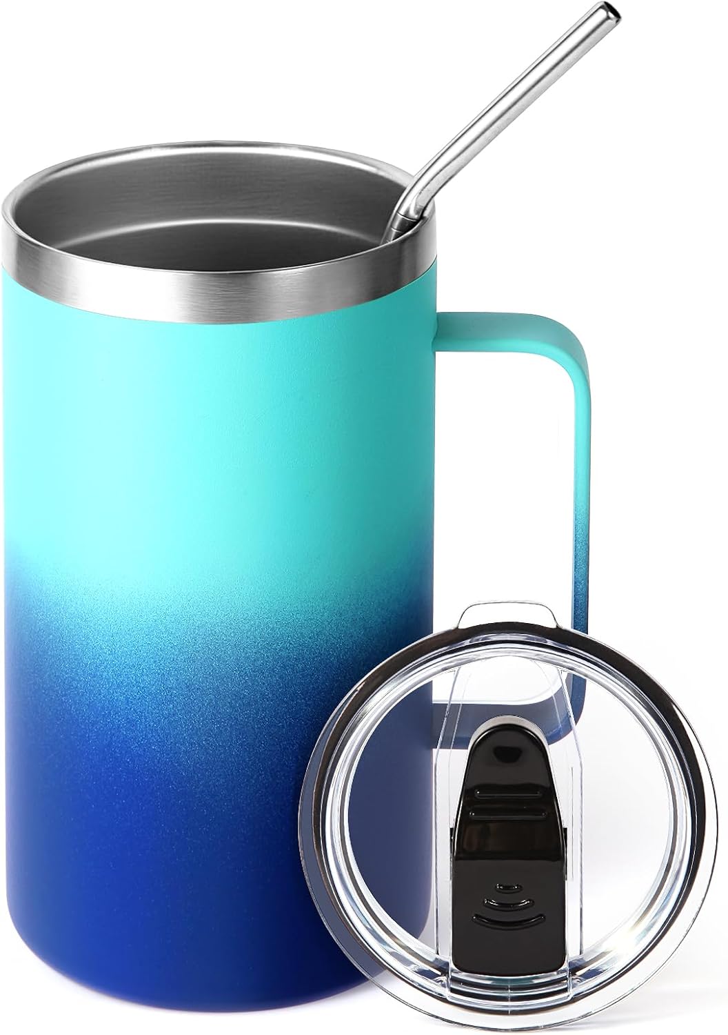 Volhoply 22oz Insulated Stainless Steel Coffee Mug with Leakproof Lid,Double Wall Vacuum Travel Coffee Cup with Handle,Reusable Metal Tumbler,Camping Mugs Keep Hot&Cold(Navy,1)