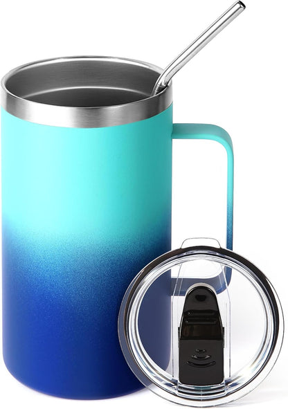 Volhoply 22oz Insulated Stainless Steel Coffee Mug with Leakproof Lid,Double Wall Vacuum Travel Coffee Cup with Handle,Reusable Metal Tumbler,Camping Mugs Keep Hot&Cold(Navy,1)