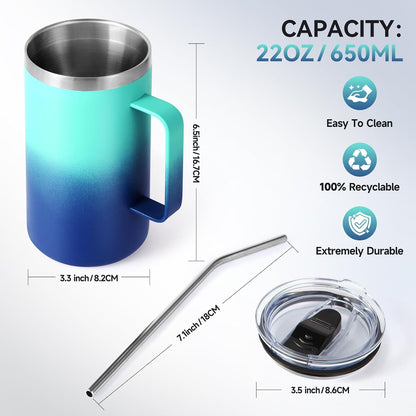 Volhoply 22oz Insulated Stainless Steel Coffee Mug with Leakproof Lid,Double Wall Vacuum Travel Coffee Cup with Handle,Reusable Metal Tumbler,Camping Mugs Keep Hot&Cold(Navy,1)