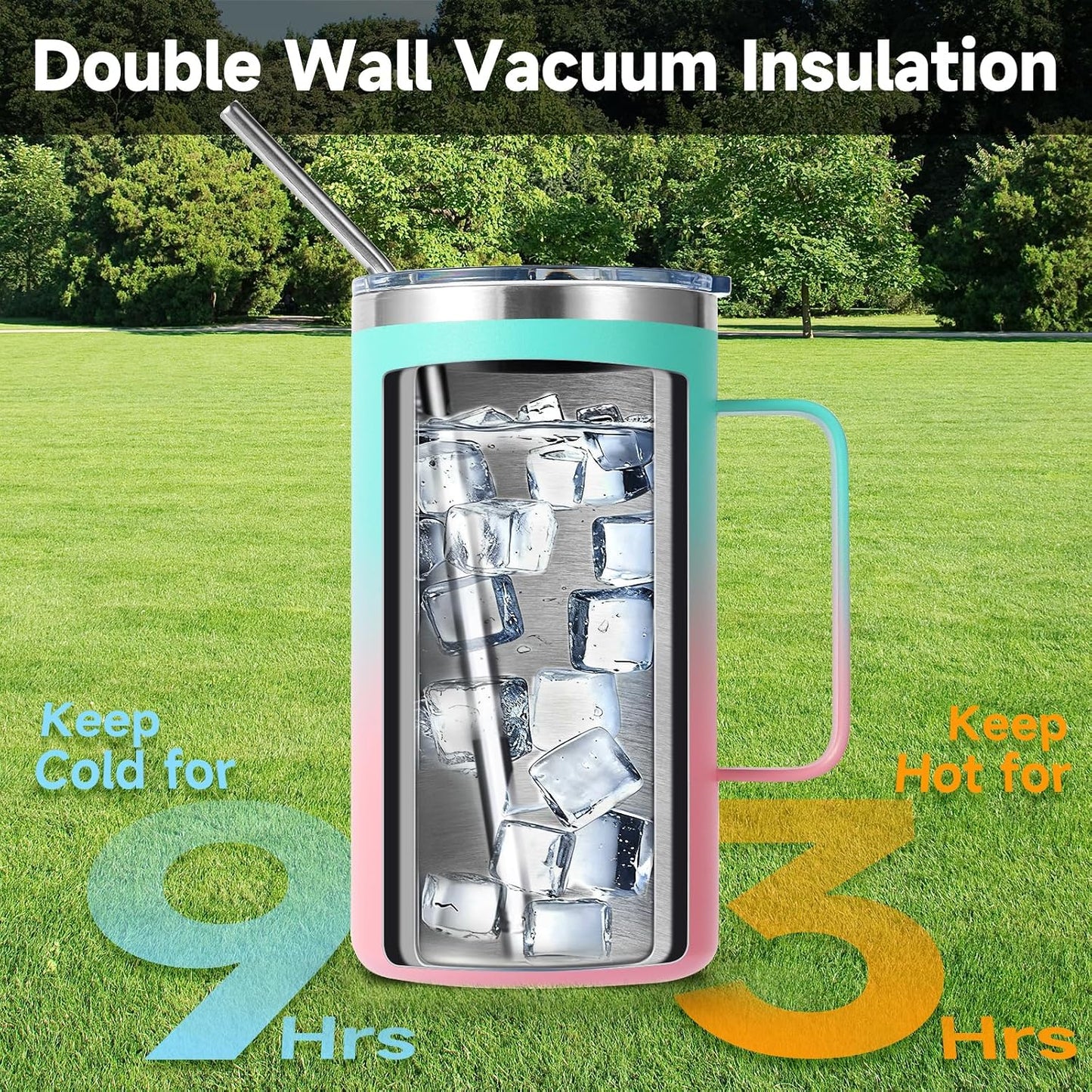 Volhoply 22oz Insulated Stainless Steel Coffee Mug with Leakproof Lid,Double Wall Vacuum Travel Coffee Cup with Handle,Reusable Metal Tumbler,Camping Mugs Keep Hot&Cold(Navy,1)