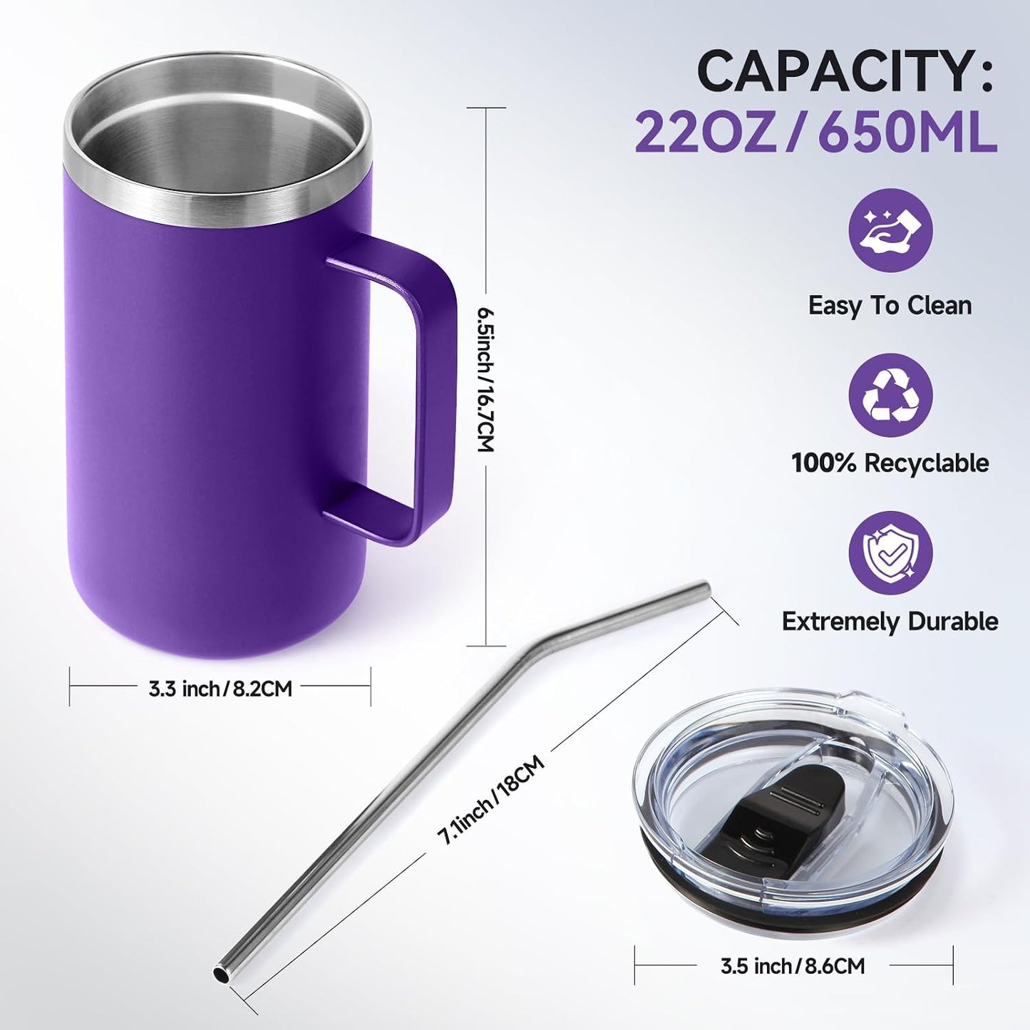 Volhoply 22oz Insulated Stainless Steel Coffee Mug with Leakproof Lid,Double Wall Vacuum Travel Coffee Cup with Handle,Reusable Metal Tumbler,Camping Mugs Keep Hot&Cold(Navy,1)