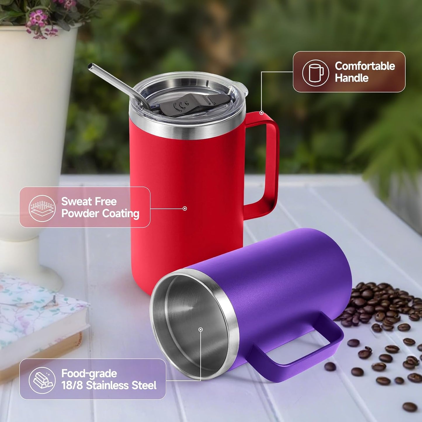 Volhoply 22oz Insulated Stainless Steel Coffee Mug with Leakproof Lid,Double Wall Vacuum Travel Coffee Cup with Handle,Reusable Metal Tumbler,Camping Mugs Keep Hot&Cold(Navy,1)