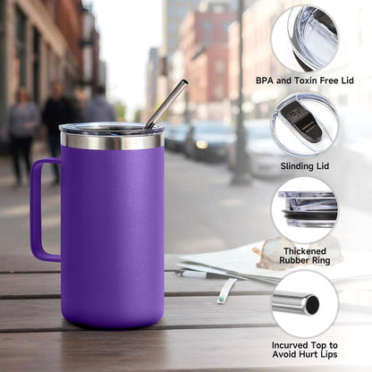 Volhoply 22oz Insulated Stainless Steel Coffee Mug with Leakproof Lid,Double Wall Vacuum Travel Coffee Cup with Handle,Reusable Metal Tumbler,Camping Mugs Keep Hot&Cold(Navy,1)