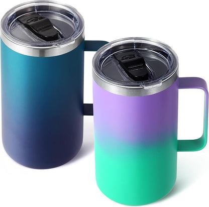 Volhoply 22oz Insulated Stainless Steel Coffee Mug with Leakproof Lid,Double Wall Vacuum Travel Coffee Cup with Handle,Reusable Metal Tumbler,Camping Mugs Keep Hot&Cold(Navy,1)