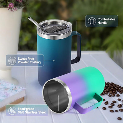 Volhoply 22oz Insulated Stainless Steel Coffee Mug with Leakproof Lid,Double Wall Vacuum Travel Coffee Cup with Handle,Reusable Metal Tumbler,Camping Mugs Keep Hot&Cold(Navy,1)