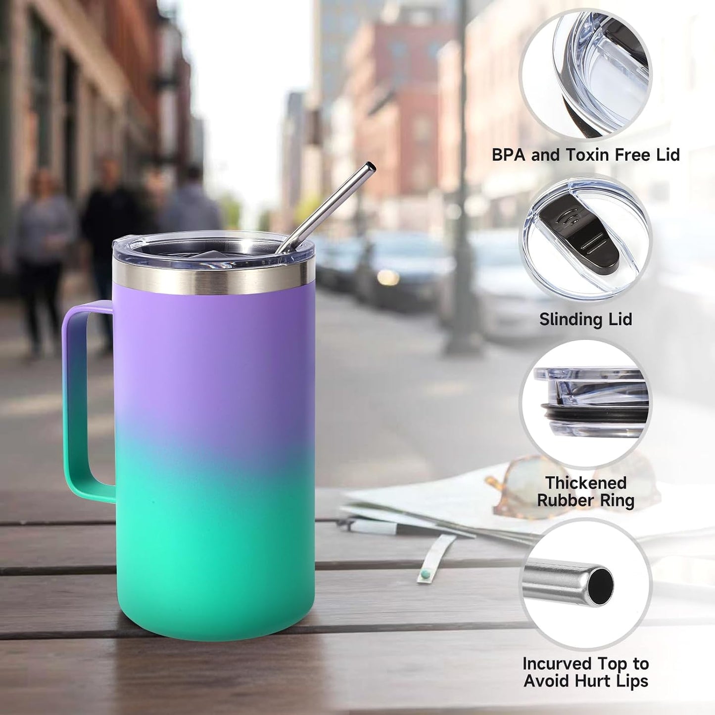 Volhoply 22oz Insulated Stainless Steel Coffee Mug with Leakproof Lid,Double Wall Vacuum Travel Coffee Cup with Handle,Reusable Metal Tumbler,Camping Mugs Keep Hot&Cold(Navy,1)