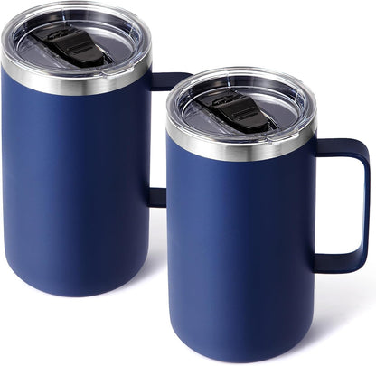 Volhoply 22oz Insulated Stainless Steel Coffee Mug with Leakproof Lid,Double Wall Vacuum Travel Coffee Cup with Handle,Reusable Metal Tumbler,Camping Mugs Keep Hot&Cold(Navy,1)