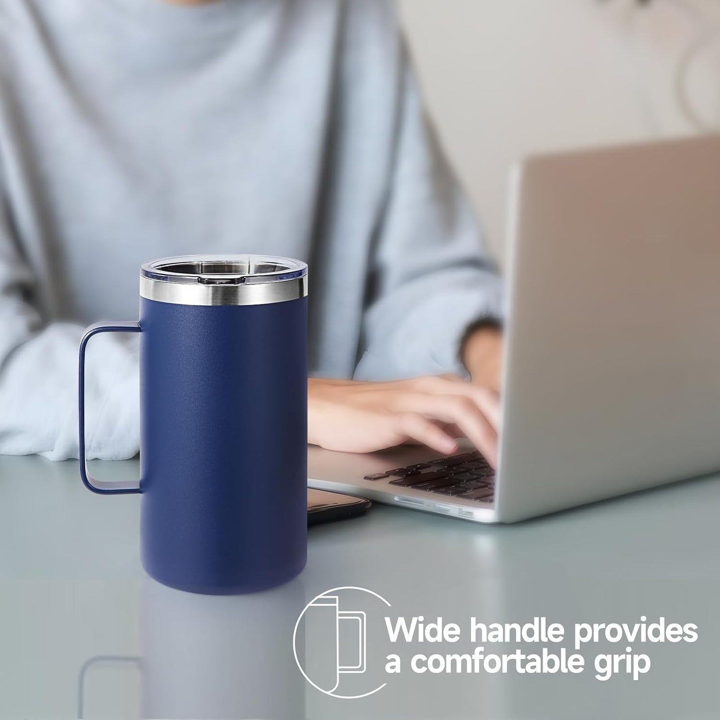Volhoply 22oz Insulated Stainless Steel Coffee Mug with Leakproof Lid,Double Wall Vacuum Travel Coffee Cup with Handle,Reusable Metal Tumbler,Camping Mugs Keep Hot&Cold(Navy,1)