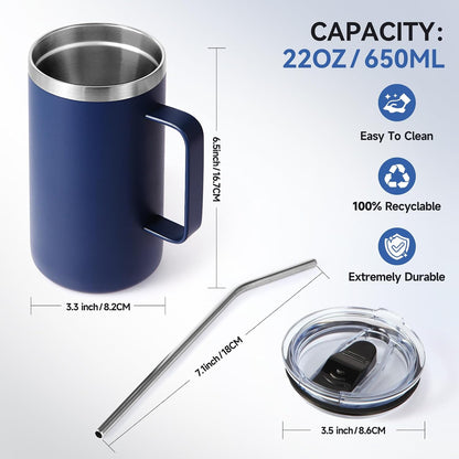 Volhoply 22oz Insulated Stainless Steel Coffee Mug with Leakproof Lid,Double Wall Vacuum Travel Coffee Cup with Handle,Reusable Metal Tumbler,Camping Mugs Keep Hot&Cold(Navy,1)