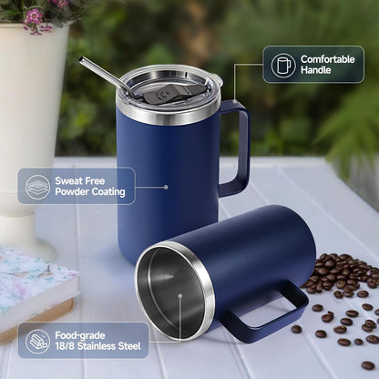 Volhoply 22oz Insulated Stainless Steel Coffee Mug with Leakproof Lid,Double Wall Vacuum Travel Coffee Cup with Handle,Reusable Metal Tumbler,Camping Mugs Keep Hot&Cold(Navy,1)