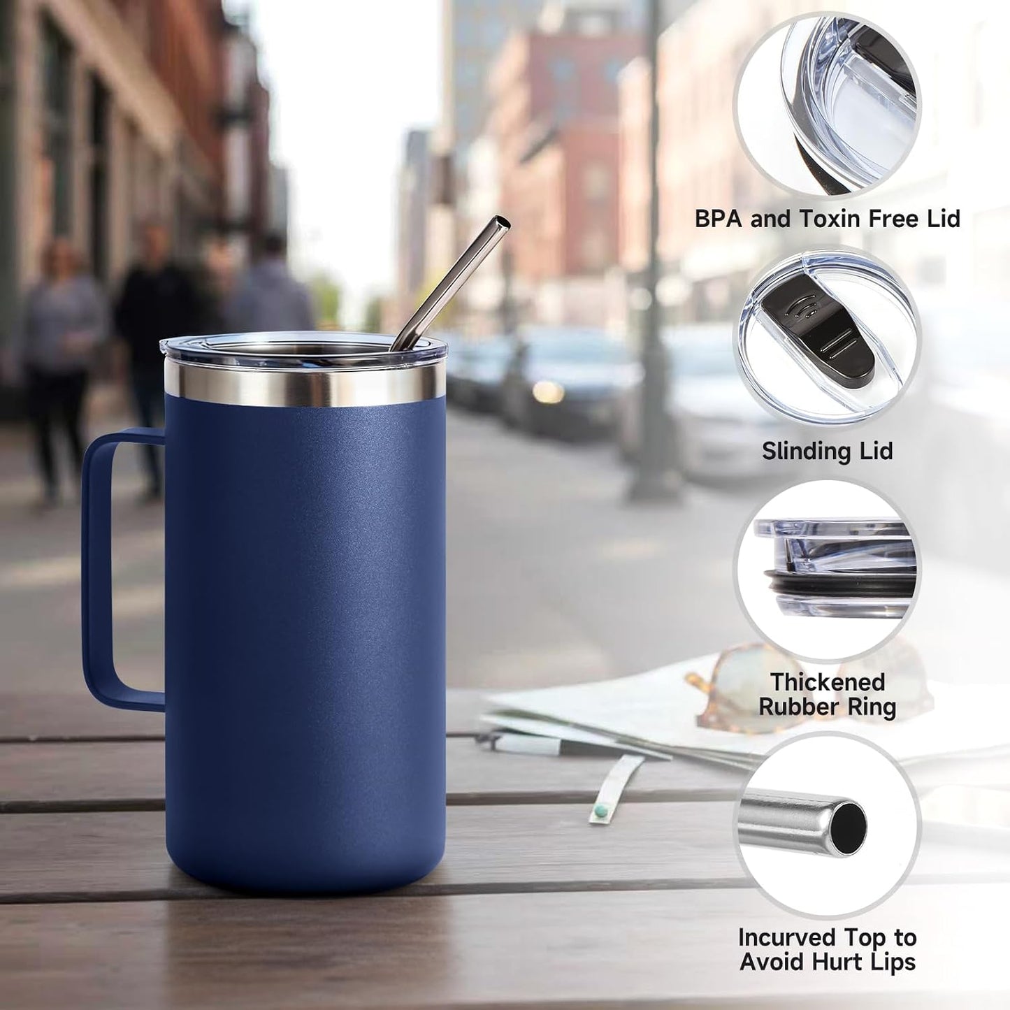 Volhoply 22oz Insulated Stainless Steel Coffee Mug with Leakproof Lid,Double Wall Vacuum Travel Coffee Cup with Handle,Reusable Metal Tumbler,Camping Mugs Keep Hot&Cold(Navy,1)