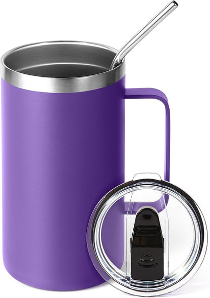 Volhoply 22oz Insulated Stainless Steel Coffee Mug with Leakproof Lid,Double Wall Vacuum Travel Coffee Cup with Handle,Reusable Metal Tumbler,Camping Mugs Keep Hot&Cold(Navy,1)