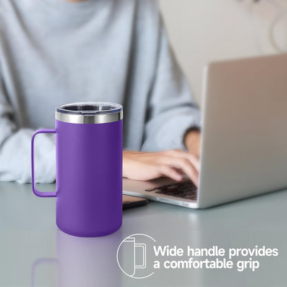 Volhoply 22oz Insulated Stainless Steel Coffee Mug with Leakproof Lid,Double Wall Vacuum Travel Coffee Cup with Handle,Reusable Metal Tumbler,Camping Mugs Keep Hot&Cold(Navy,1)