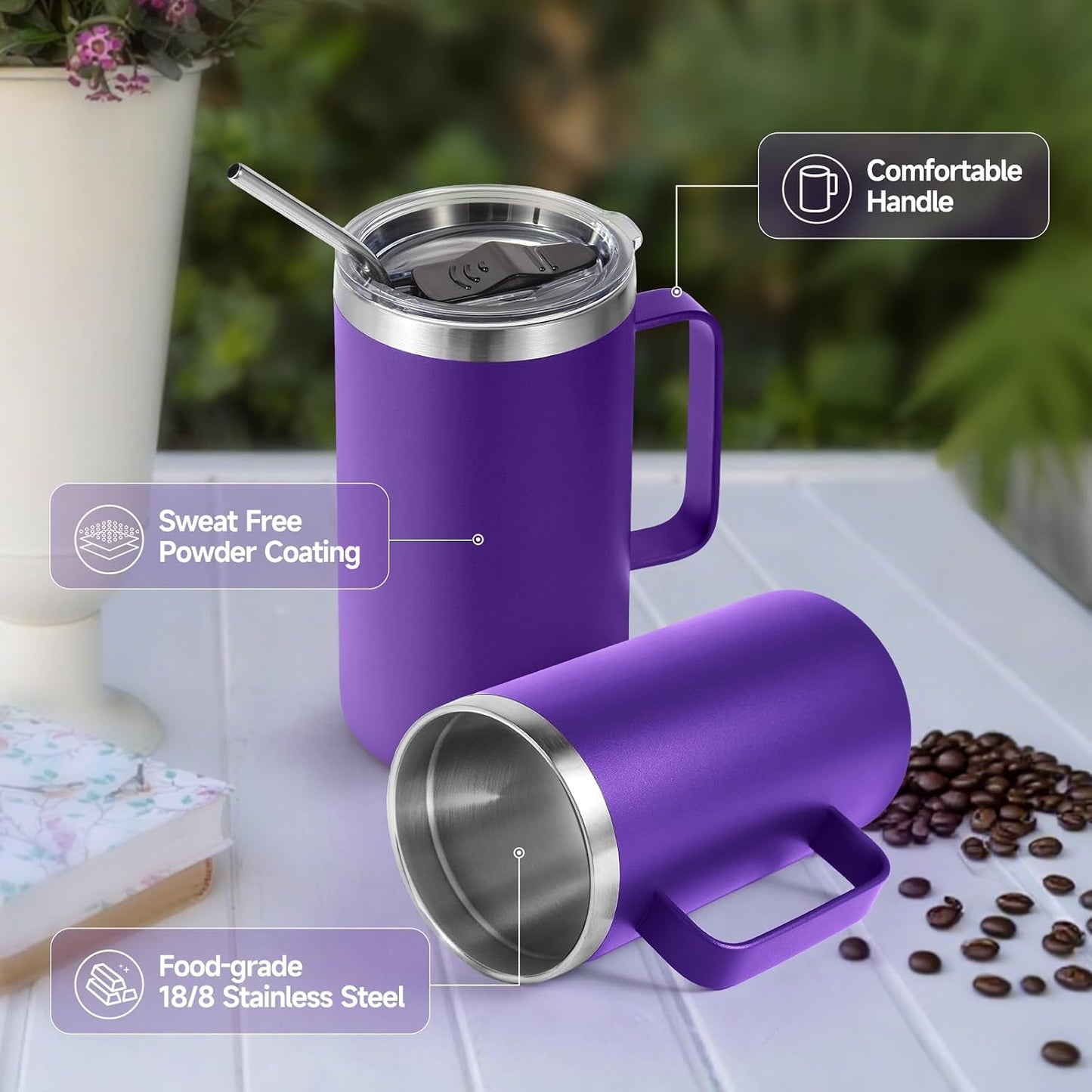 Volhoply 22oz Insulated Stainless Steel Coffee Mug with Leakproof Lid,Double Wall Vacuum Travel Coffee Cup with Handle,Reusable Metal Tumbler,Camping Mugs Keep Hot&Cold(Navy,1)